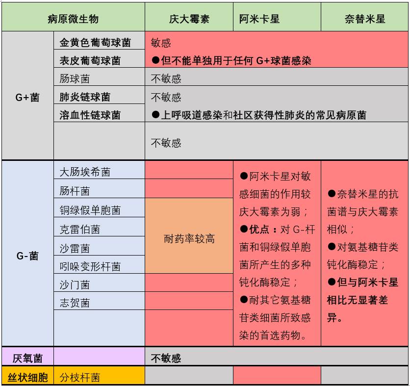 两张表搞定:阿米卡星,庆大霉素,奈替米星的区别!